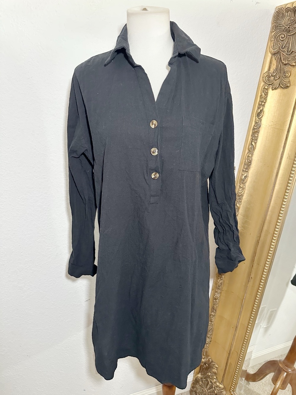 New Zeagoo Amazon Cotton Black Turndown Collar Long Sleeve Mini Shirt Dress